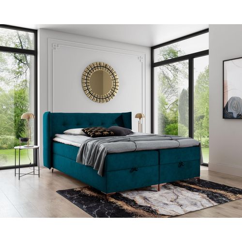 Bett Boxspringbett LOTIS - Doppelbett mit Multipocket-Matratze - Topper - Polsterbett mit 2 Bettkästen - H3 - ( 200x200 cm , Türkis - Terra 75 )