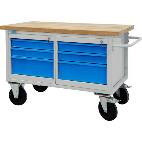Mobile Werkbank Rhino mit 6 Schubladen | HxBxT 83x130x60cm | Traglast 500kg | Lichtgrau/Lichtblau
