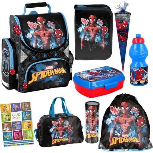Spiderman Schulranzen ergonomischer Ranzen Federmappe Trinkflasche Aufgabenheft für die Grundschule 9er Set Lizenzartikel Marvel Spiderman Spider-man