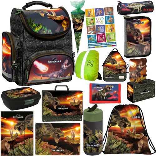 Schulranzen XXL Set 15er Ranzen Tornister Federmappe Turnbeutel Gummizugmappe Schürze Brotdose Trinkflasche Aufgabenheft Dinosaurier Dino Motiv