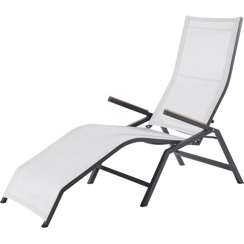 Diamond Garden Relaxliege VALENCIA, Edelstahl Dunkelgrau / Kunststoffgewebe Silber/Weiß / Teak-Armlehnen - Auslaufartikel