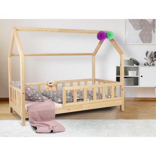 Kinderbett Hausbett Julia -140x200cm-mit Rausfallschutz und Lattenrost, Hüttenbett aus natürlichem Kiefernholz