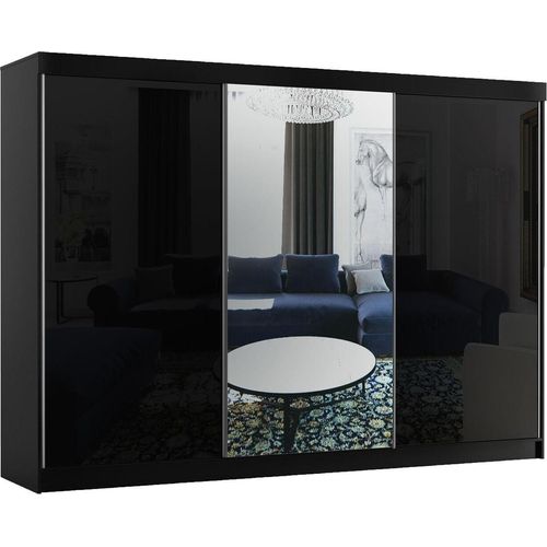 BETTSO Schwebetürenschrank 200 cm mit Spiegel Kleiderschrank mit Kleiderstange Schlafzimmer Wohnzimmerschrank Schiebetüren Schwarz Glanz BAMAS
