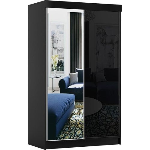 BETTSO Schwebetürenschrank 120 cm mit Spiegel Kleiderschrank mit Kleiderstange Schlafzimmer Wohnzimmerschrank Schiebetüren Schwarz BAMAS