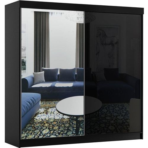BETTSO Schwebetürenschrank 200 cm mit Spiegel Kleiderschrank mit Kleiderstange Schlafzimmer Wohnzimmerschrank Schiebetüren (Schwarz Glanz)-BAMAS