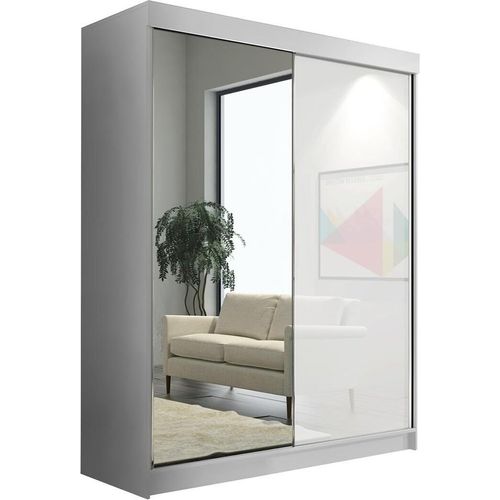 BETTSO Schwebetürenschrank 150 cm mit Spiegel Kleiderschrank mit Kleiderstange Schlafzimmer Wohnzimmerschrank Schiebetüren Schwarz BAMAS