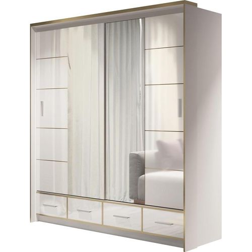 BETTSO Schwebetürenschrank 203 cm mit Spiegel 4 Schubladen und Kleiderstange Schlafzimmer Wohnzimmerschrank Schiebetüren Weiß+Weiß Glänzend BAMAS