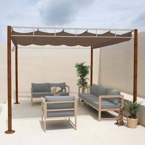 Pergola HWC-L42, Garten Pavillon Terrassenüberdachung, stabiles 7cm-Metall-Gestell 3x3m Bambus-Optik taupe-braun