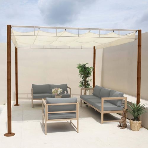 Pergola MCW-L42, Garten Pavillon Terrassenüberdachung, stabiles 7cm-Metall-Gestell 3x3m Bambus-Optik creme-weiß