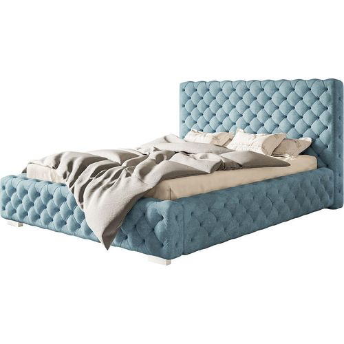 Polsterbett Miami mit Kopfteil, 140x200 cm, Doppelbett mit Bettkasten und Lattenrost aus Metal, Velourstoff, Farbe: Hellblau