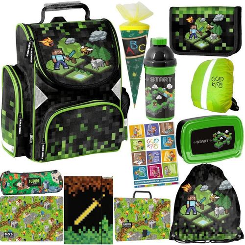 Schulranzen XXL Set 12 Teile ergonomischer Ranzen Federmappe Zuckertüte Turnbeutel Malunterlage Mappe Aktentasche Brotdose Trinkflasche Aufgabenheft für die Grundschule Game Pixel Motiv