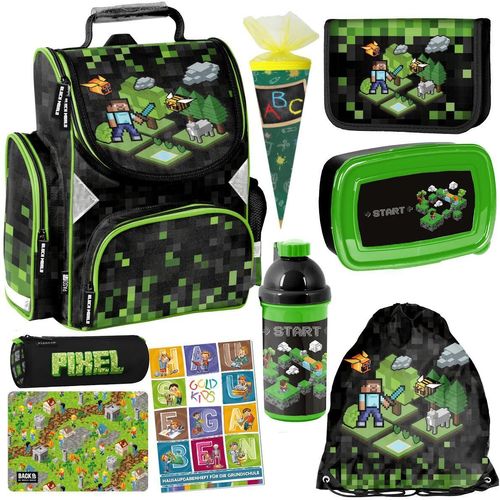 Schulranzen Set ergonomischer Ranzen Federmappe Zuckertüte Turnbeutel Malunterlage Brotdose Trinkflasche Aufgabenheft für die Grundschule 9er Set Game Pixel Motiv