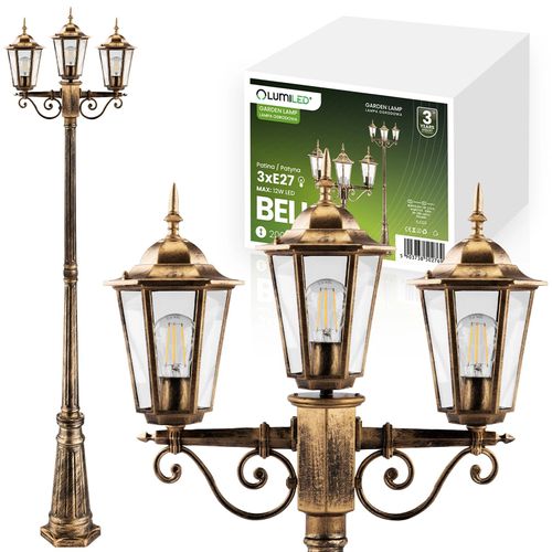 LUMILED Kandelaber 3-armige Vintage Laterne Wegeleuchte 230V 2,09m Höhenverstellbar, Patina, Aluminium Glas 3x Fassung E27 IP44 Garten