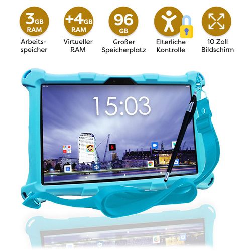 AngelTech Kindertablet XL - Android 13 - 3+4 GB RAM - 32+64 GB - Extra Groß - Elterliche Kontrolle - Fidgy Schutzhülle - 100% Kidsproof - Blau