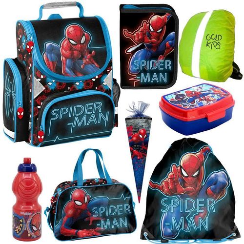 Schulranzen Spiderman ergonomischer Ranzen Federmappe Zuckertüte Trinkflasche Brotodose Turnbeutel Sporttasche Aufgabenheft für die Grundschule 8er Set Lizenzartikel Marvel Spiderman
