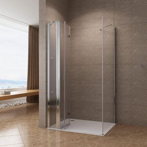 Duschkabine Eckeinstieg Duschabtrennung Duschwand Eckdusche 140x80x195 cm mit Festteil Duschablage 6 mm Nanoglas Echtglas Hebe-Senk Mechanismus großer Verstellbereich links und rechts montierbar Drehfalttür Falttür