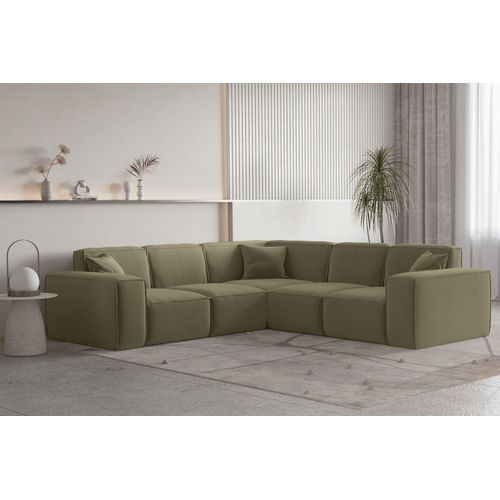Ecksofa Designersofa CELES PREMIUM Stoff Opera Velvet Olivgrün Seite Universal