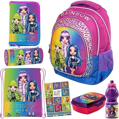 7er Set Schulrucksack Rucksack Federmappe Turnbeutel Brotdose Trinkflasche Aufgabenheft Rainbow High Motiv ab der ersten Klasse der Grundschule