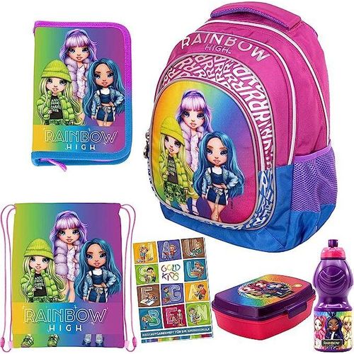 6er Set Schulrucksack Rucksack Federmappe Turnbeutel Brotdose Trinkflasche Aufgabenheft Rainbow High Motiv ab der ersten Klasse der Grundschule