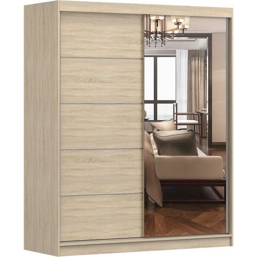 Kleiderschrank V6 mit Spiegel 160 cm, Schwebetürenschrank, Garderobeschrank Schlafzimmer; Wohnzimmerschrank; Korpus Schrank Farbe: Sonoma; Farbe der Schrankfront: Sonoma - 2 Schiebetüren