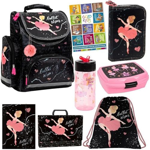 Set 8er Schulranzen Ballerina Tänzerin Motiv Ranzen Tornister Federmappe Turnbeutel Gummizugmappe Aktentasche Brotdose Trinkflasche Aufgabenheft für die Grundschule