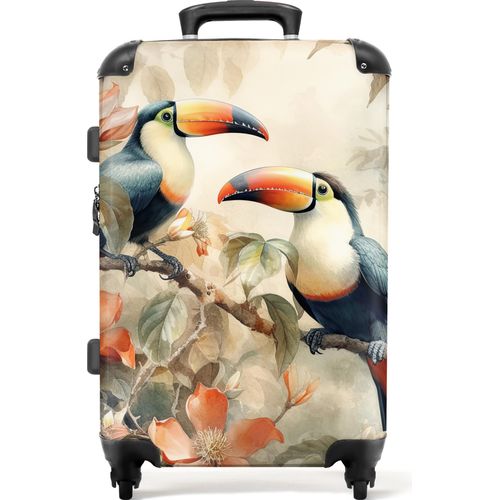 NoBoringSuitcases.com® Großer Koffer - Tukan - Vögel - Blumen - Zweig - Kombinationsschloss TSA - Hartschalen Trolley 4 Rollen - 72 liter - Reisekoffer - 66 cmKoffer Mittelgroß 67x43x25 cm, 72L,