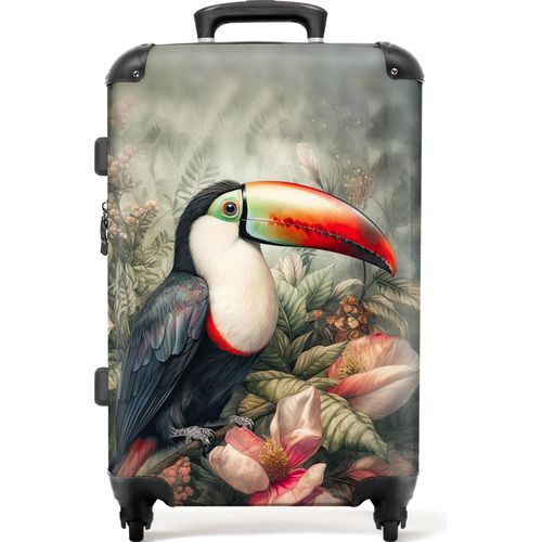 NoBoringSuitcases.com® Großer Koffer - Tukan - Vögel - Blumen - Pflanzen - Tropisch - Kombinationsschloss TSA - Hartschalen Trolley 4 Rollen - 72 liter - Reisekoffer - 66 cmKoffer Mittelgroß 67x43x25 cm, 72L,