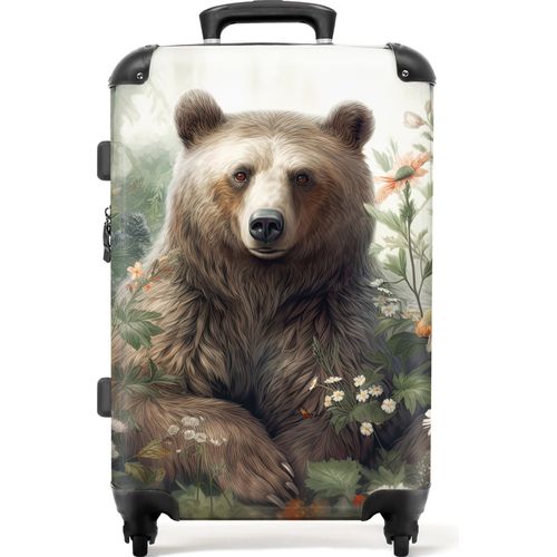NoBoringSuitcases.com® Großer Koffer - Braunbär - Wildtiere - Blumen - Pflanzen - Kombinationsschloss TSA - Hartschalen Trolley 4 Rollen - 72 liter - Reisekoffer - 66 cmKoffer Mittelgroß 67x43x25 cm, 72L,