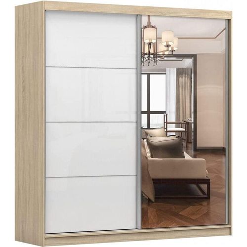 Kleiderschrank M35 mit Spiegel 183 cm, Schwebetürenschrank, Garderobeschrank Schlafzimmer; Wohnzimmerschrank; Korpus Schrank Farbe: Sonoma; Farbe der Schrankfront: Weiß Hochglanz- 2 Schiebetüren