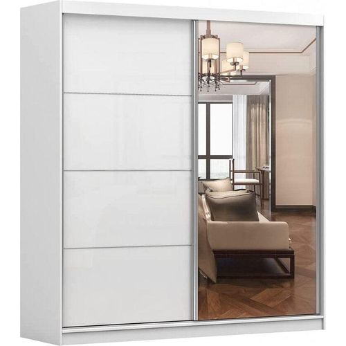 Kleiderschrank M35 mit Spiegel 203 cm, Schwebetürenschrank, Garderobeschrank Schlafzimmer; Wohnzimmerschrank; Korpus Schrank Farbe: Weiß; Farbe der Schrankfront: Weiß Hochglanz- 2 Schiebetüren