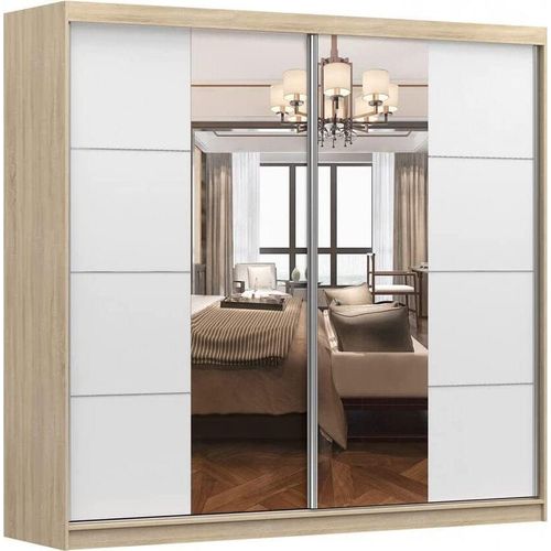 Kleiderschrank M38 mit Spiegel 233 cm, Schwebetürenschrank, Garderobeschrank Schlafzimmer; Wohnzimmerschrank; Korpus Schrank Farbe: Sonoma; Farbe der Schrankfront: Weiß - 2 Schiebetüren