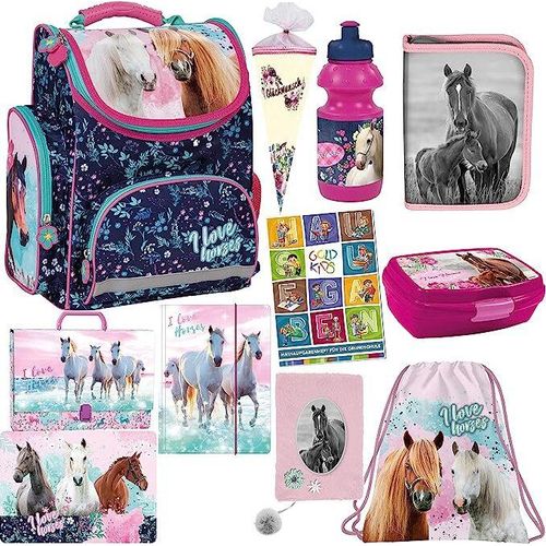 Pferd Horses Schulranzen ergonomischer Ranzen Federmappe mit Inhalt Tagebuch Turnbeutel Brotdose Trinkflasche Zuckertüte Aktenmappe Sammelmappe Malunterlage Aufgabenheft für die Grundschule 11er Set