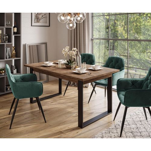 Möbelset ART - T-Klapptisch 150-198 und 4 Stühle, Stirling Eiche, Polsterstoff:Bluvel Flaschengrün 78
