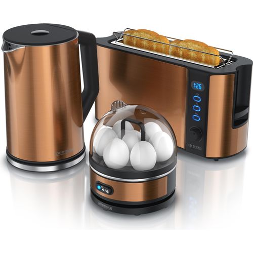 Arendo - Wasserkocher mit Toaster und Eierkocher SET Edelstahl Kupfer Wasserkocher 1,5L 40° - 100°C, Toaster 2 Scheiben LED-Display 6 Bräunungsgrade Eierkocher 1-7 Eier Messbecher BPA frei