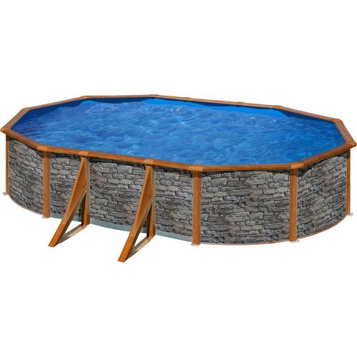 Stahlwandpool Gre GIANT Ovalpool oval 300 x 500 x 120 cm stein/holz