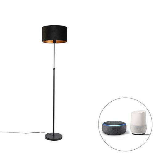QAZQA - Klassisch I Antik Smarte Stehleuchte I Stehlampe I Standleuchte I Lampe I Leuchte schwarz mit Veloursschirm schwarz 35 cm inkl. WLAN A60 - Parte Dimmer I Dimmbar I Wohnzimmer I Schlafzimmer -