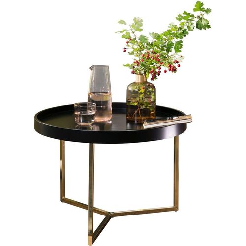 Couchtisch JESI 58,5x42x58,5cm Schwarz / Gold Sofatisch Metall Rund, Designer Retro Wohnzimmertisch modern, Kleiner Loungetisch mit Metallgestell, Runder Tabletttisch mit Holz-Platte