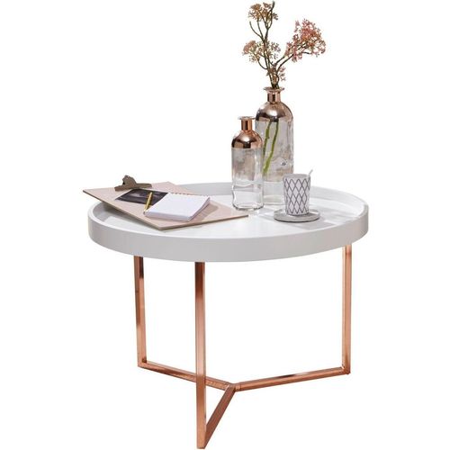 Couchtisch JESI 58,5x42x58,5cm Weiß / Kupfer Sofatisch Metall Rund, Designer Retro Wohnzimmertisch modern, Kleiner Loungetisch mit Metallgestell, Runder Tabletttisch mit Holz-Platte