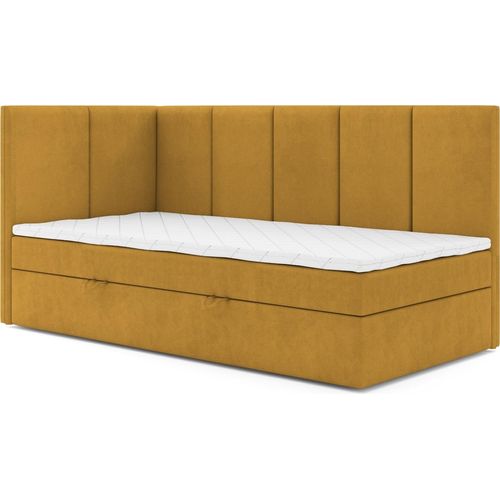 Jugendbett, Eckbett ERIS MAX, Boxspringbett, Federkern +Topper T25 (90x200 cm, Gelb- Swing 07, Öffnungsseite LINKS)