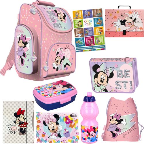 Schulranzen Set 9er Ranzen Tornister Federmappe Turnbeutel Turnsack Brotdose Trinkflasche Aufgabenheft für die Grundschule Minnie Mouse Motiv