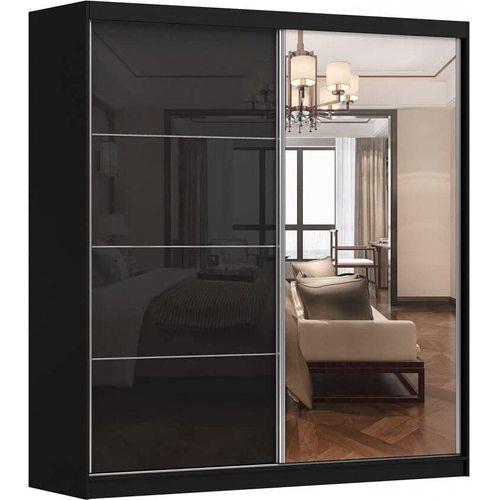 Kleiderschrank M31 mit Spiegel 203 cm, Schwebetürenschrank, Garderobeschrank Schlafzimmer; Wohnzimmerschrank; Korpus Schrank Farbe: Schwarz; Farbe der Schrankfront: Schwarz Hochglanz- 2 Schiebetüren