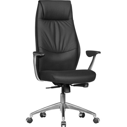 Bürostuhl Echtleder Schwarz Schreibtischstuhl X-XL 120kg Synchronmechanik Chefsessel Kopfstütze hoch