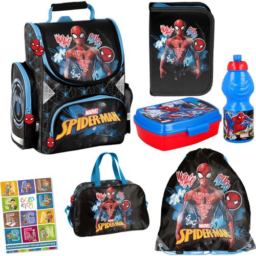 Spiderman Schulranzen ergonomischer Ranzen Federmappe Turnbeutel Sporttasche Brotdose Trinkflasche Aufgabenheft für die Grundschule 7er Set Lizenzartikel Marvel Spiderman Spider-man