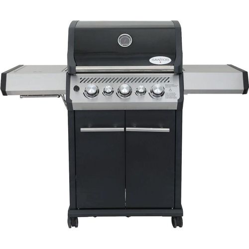 SANTOS Gasgrill S-318 Schwarz mit 3 Hauptbrenner, Infrarotseitenbrenner & Heckbrenner | inkl. Drehspieß, Rostheber & Silikonablage | Schwarz/Silber