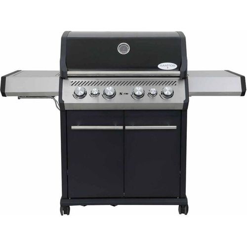 SANTOS Gasgrill S-418 mit 4 Hauptbrenner, Infrarotseitenbrenner & Heckbrenner | inkl. Drehspieß, Rostheber & Silikonablage | Schwarz