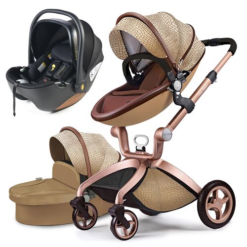 Hot Mom Kinderwagen Klassik Kombikinderwagen 3in1 Riesenset mit Autoschale/Alu-Rahmen/Voll-Gummireifen/Regenschutz/Mosquitonetz Modell F22, Croco-3in1