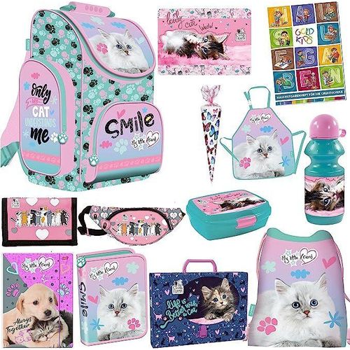 Katze Cat Pastel Schulranzen ergonomischer Ranzen Zuckertüte Geldbeutel Federmappe Turnbeutel Brotdose Trinkflasche Malunterlage Sammelmappe Aufgabenheft für die Grundschule 13er Set XXL