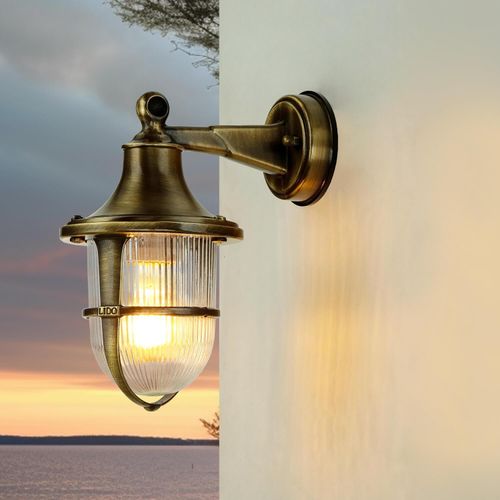 Wandleuchte außen Messing Riffelglas IP64 E27 Maritim Außenlampe Garten Hof