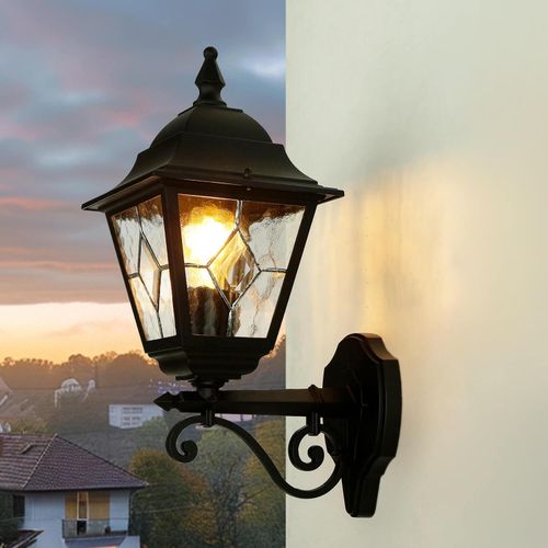 Wandlampe außen Schwarz IP43 Rustikal Aluminium Kirchenglas E27 Wandleuchte Außenleuchte Terrasse Eingang