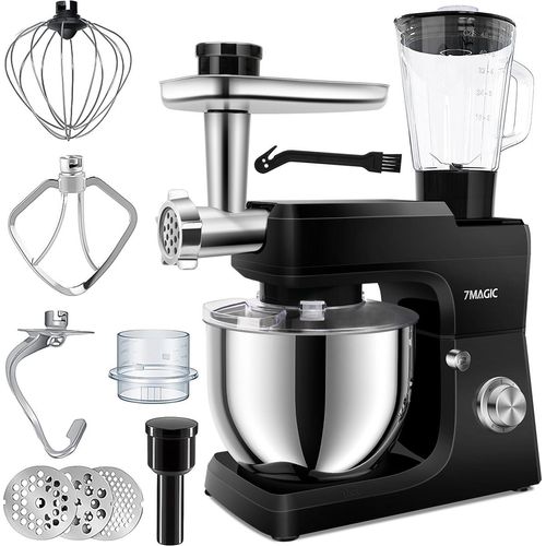 7Magic Küchenmaschine Multifunktional, Küchenmaschine mit Fleischwolf und Mixer, Rührgerät 1500 W in 6 Leistungsstufen, 7L Edelstahlschüssel, Schwarz